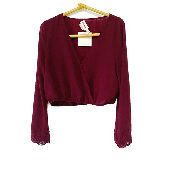 Showpo Size 14 Red Wine Long Sleeve Crop Top Festival Party - Picture 3 of 11